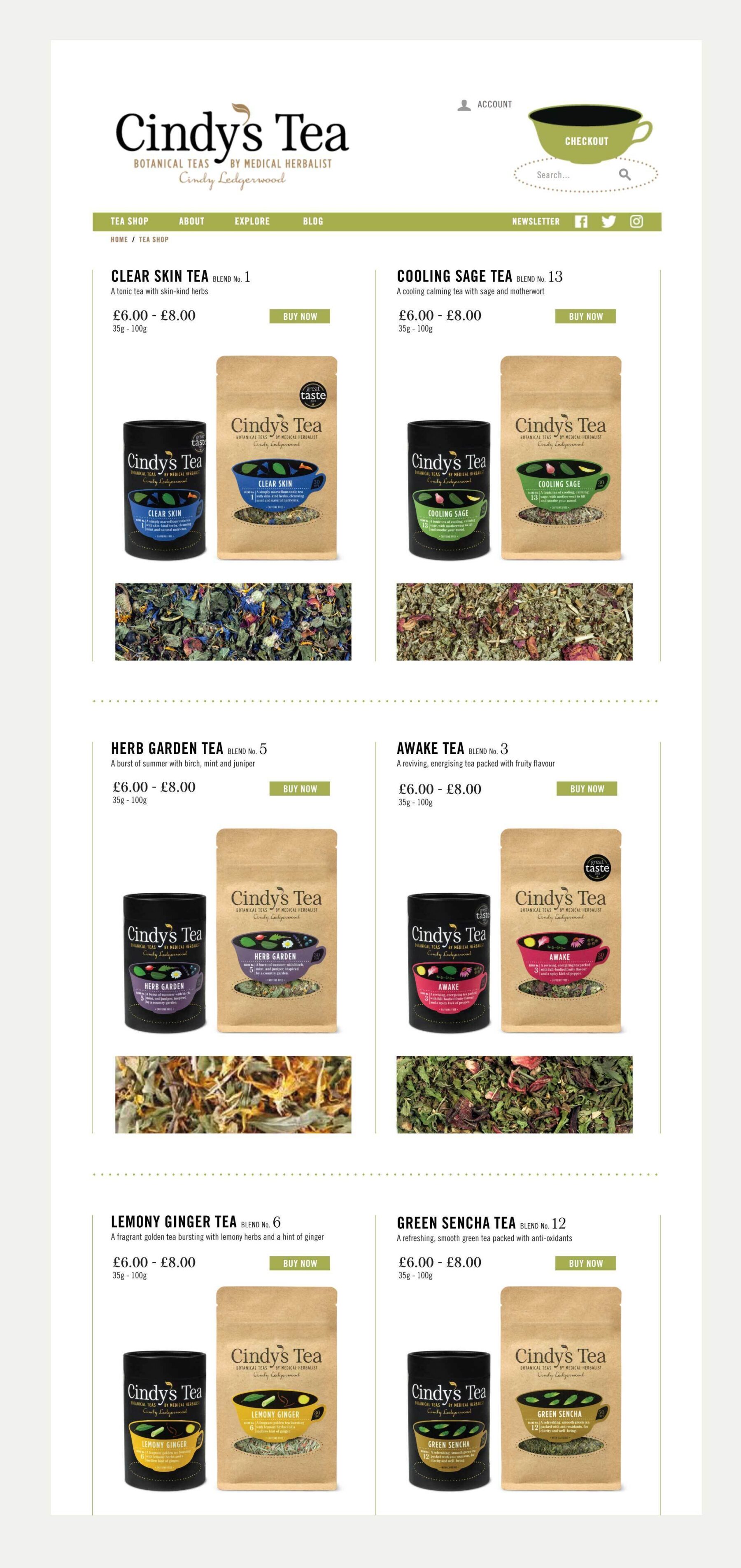 Visual of Cindy's Tea shop list page.