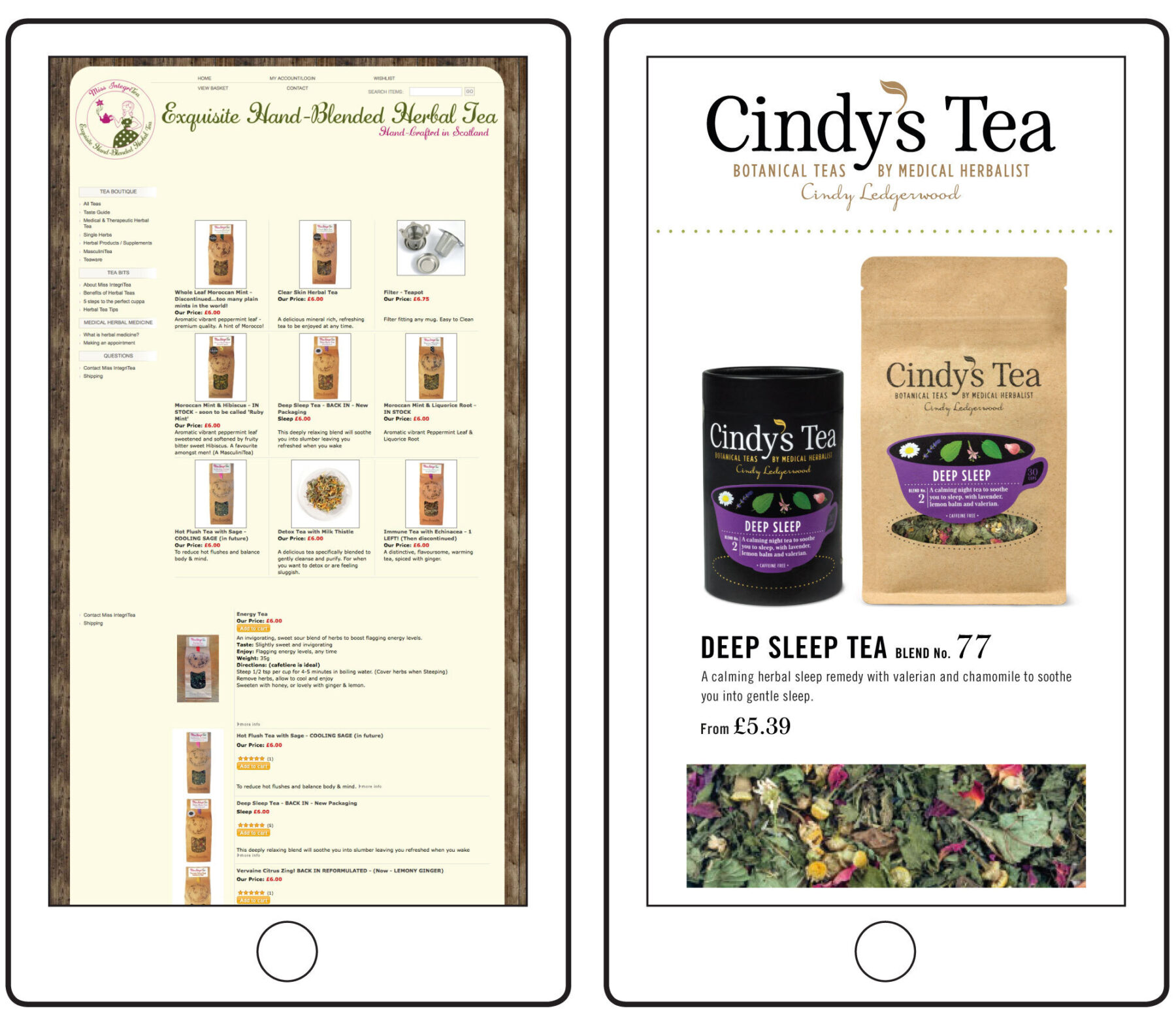 Visuals showing the old and new Cindy's Tea website on mobile.