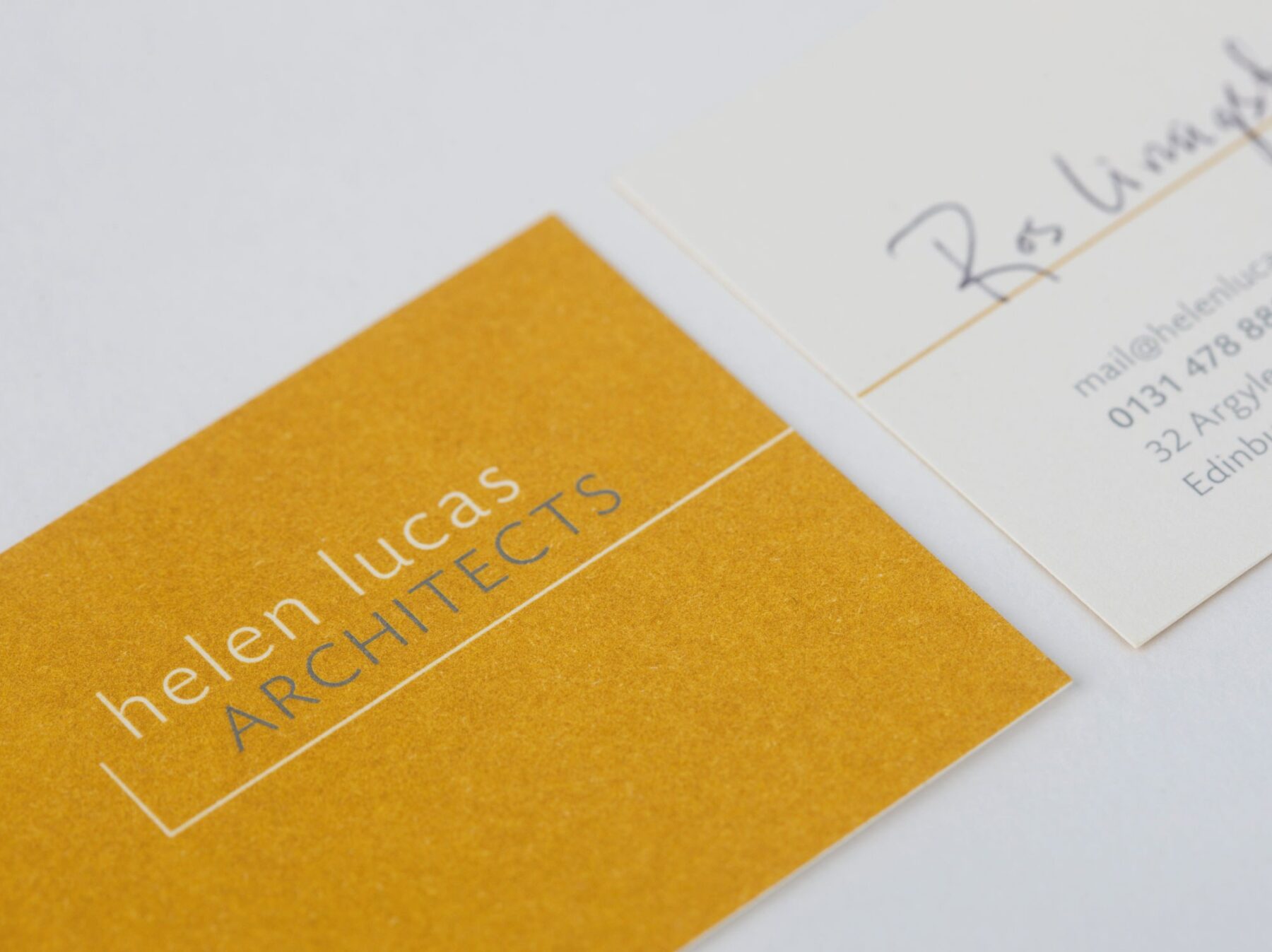 Close-up of Helen Lucas Architects business card.