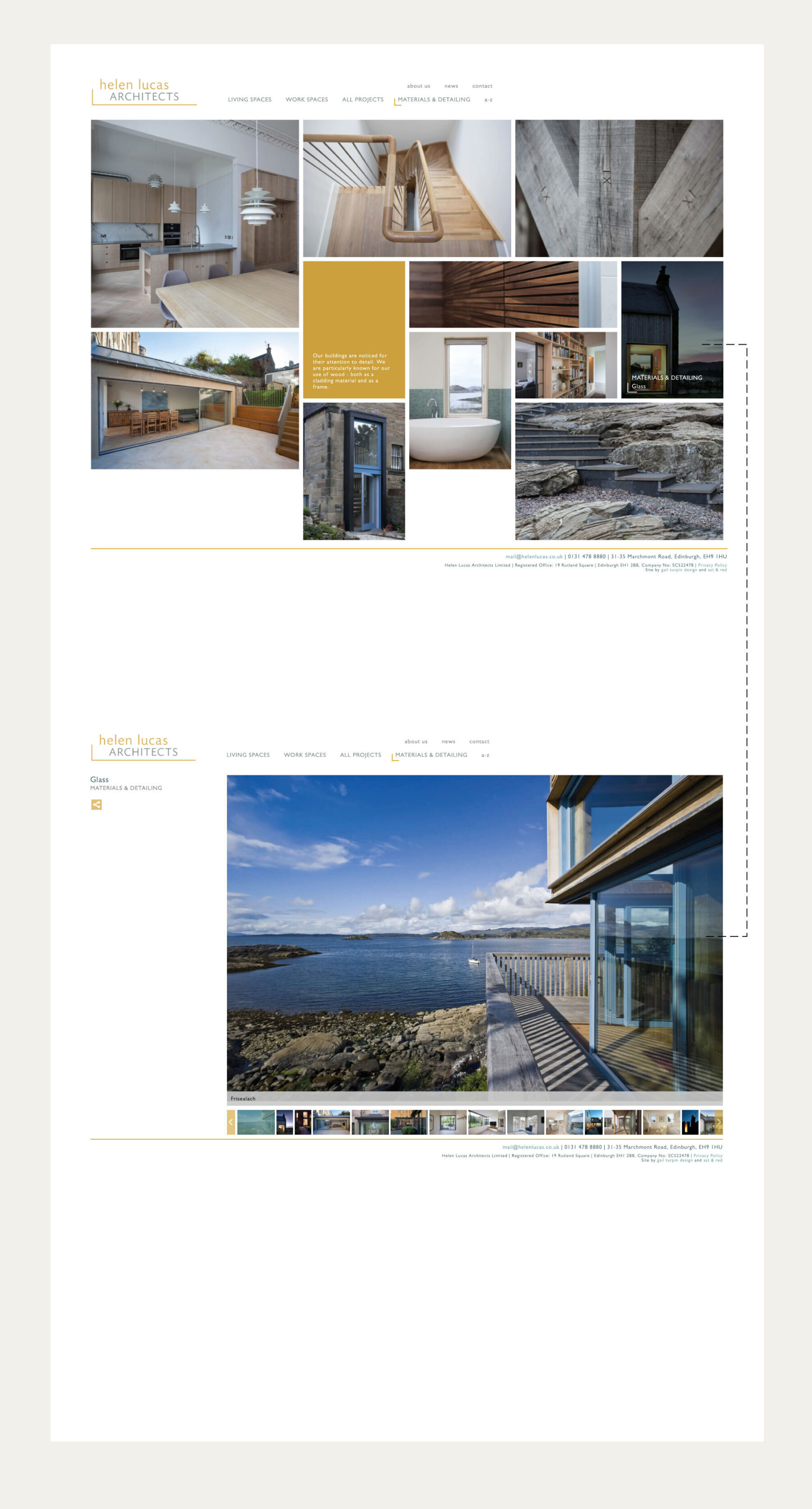 Visual of Helen Lucas Architects website showing 'Materials & detailing' pages.