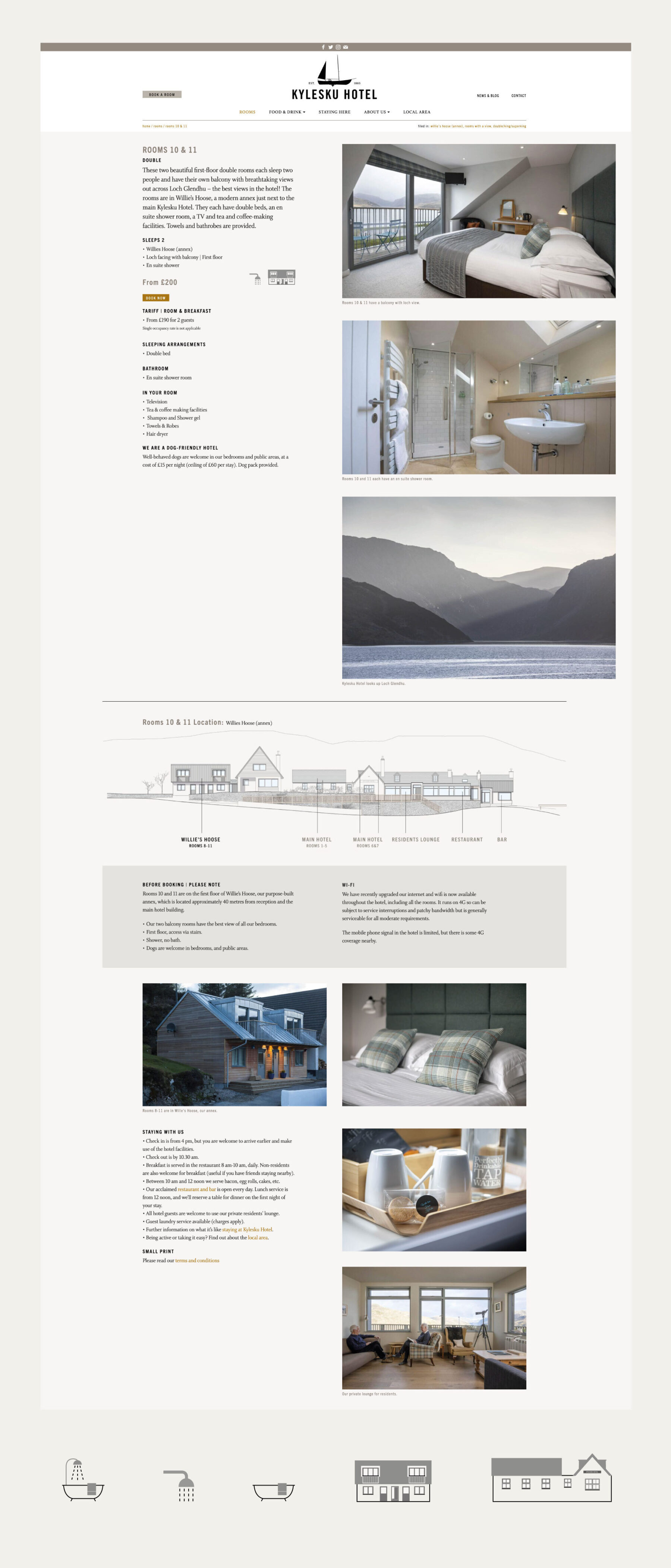 Visual showing the rooms page, Kylesku website.