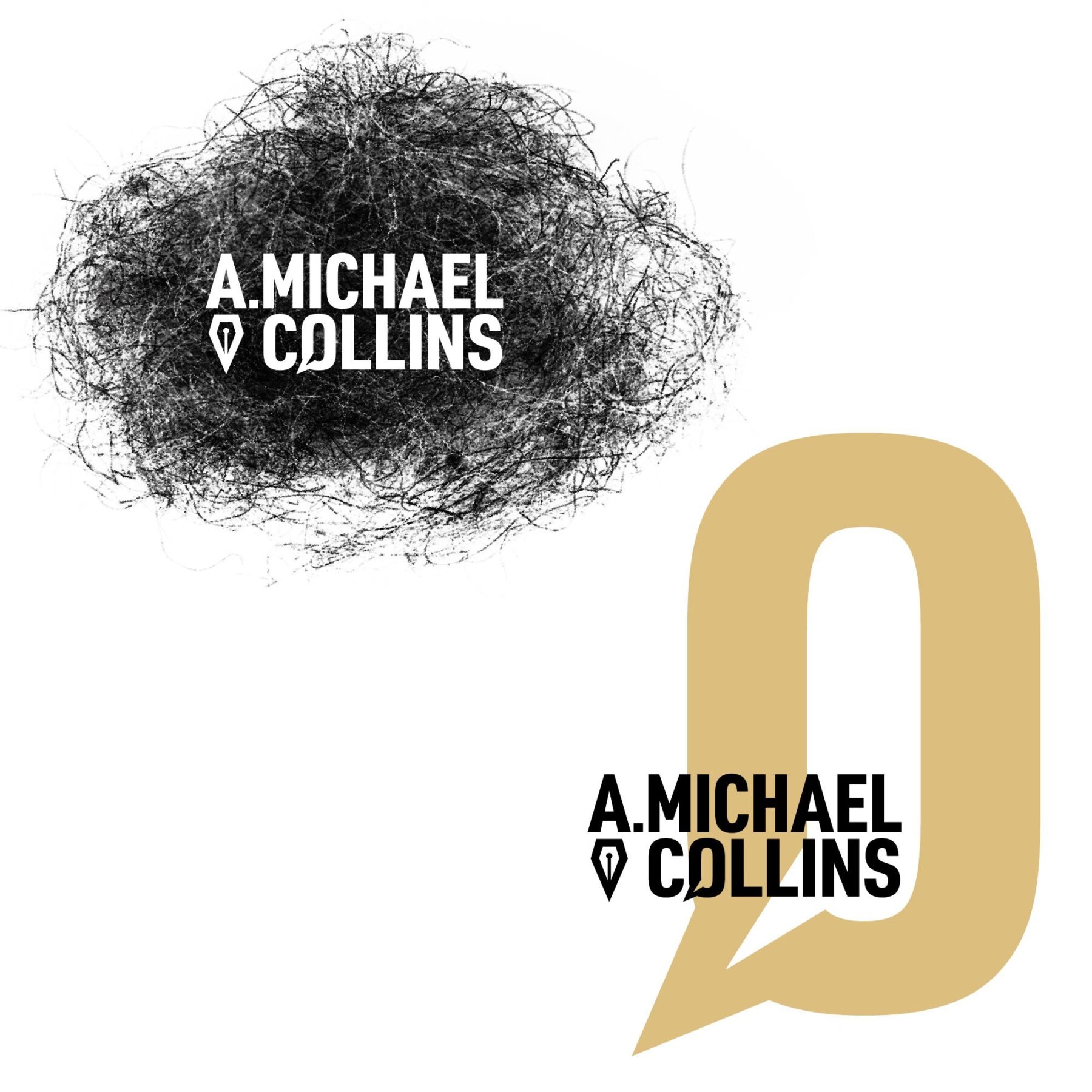 Visual showing A. Michael Collins logo sitting on scribbly black dust bunny and yellow ochre speech bubble.