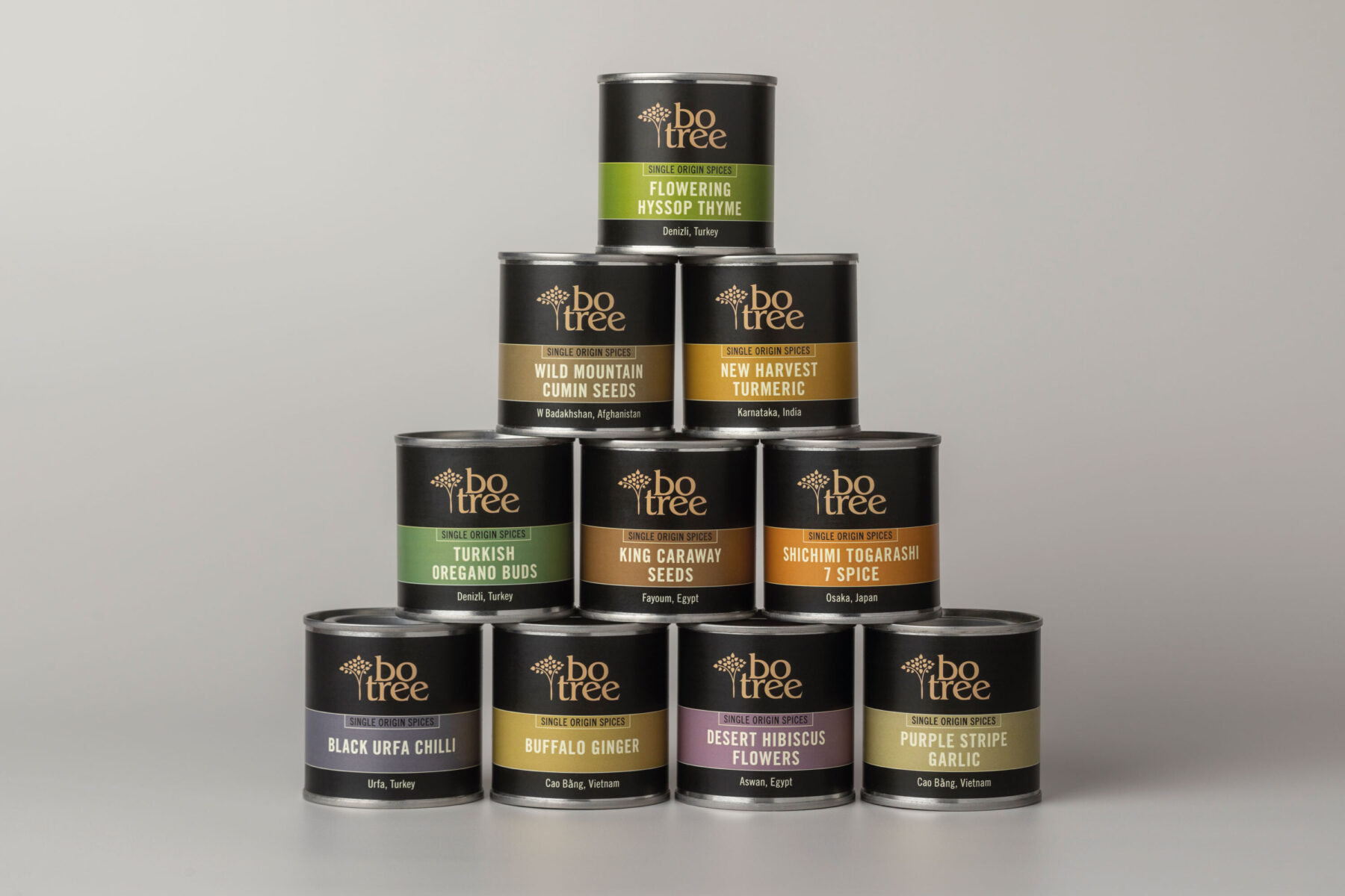 Photo of 10 Botree tins containing single source spices.
