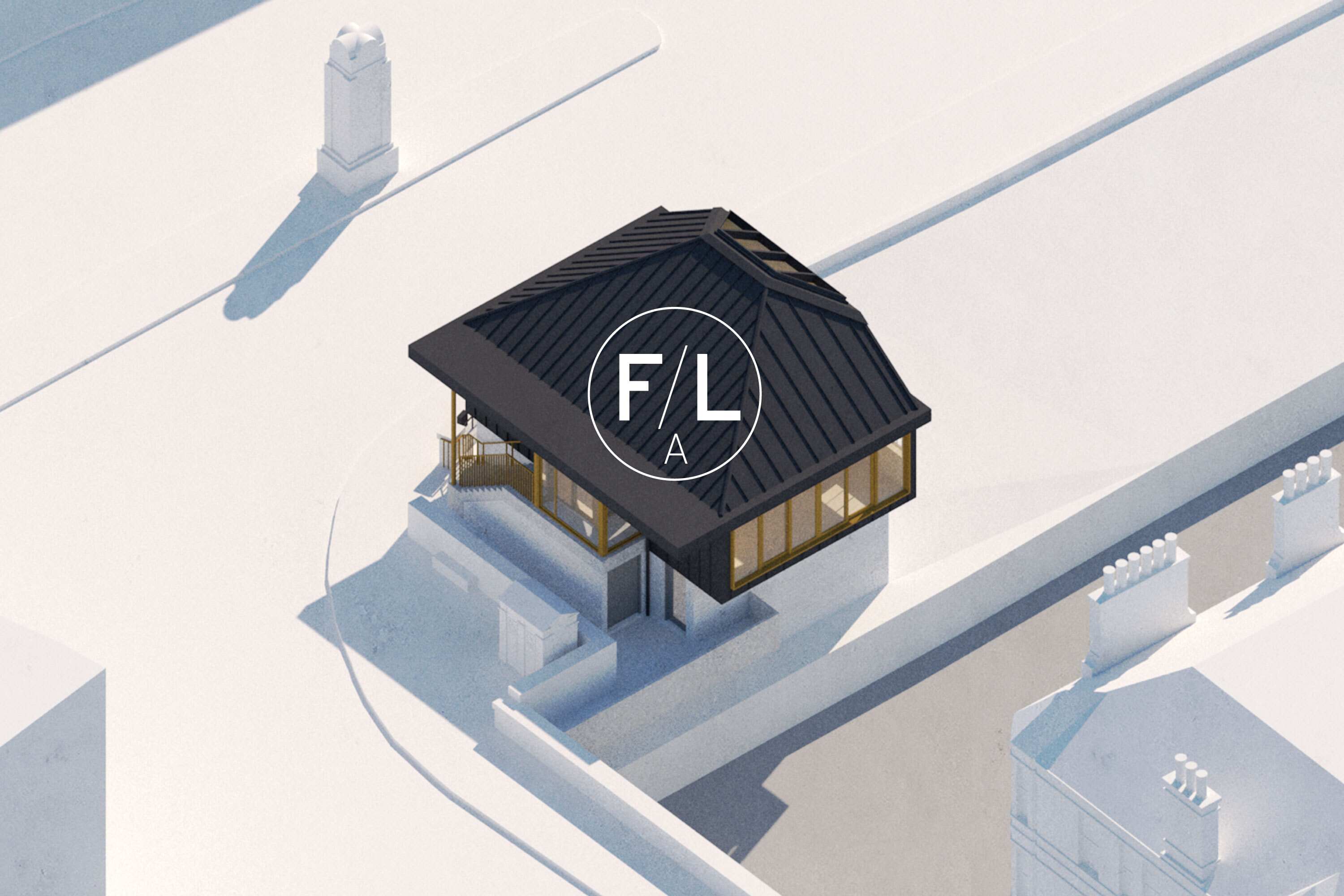 Toll House visual with white surrounding area and F/LA logo overlaid on top in the centre.